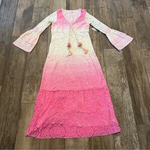 Venus Pink Ombre Maxi Dress Lace Crochet Tassels Bell Sleeves L NWT READ